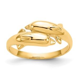 14k Yellow Gold Double Small Dolphin Nautical Sea Life Ring, Size 6